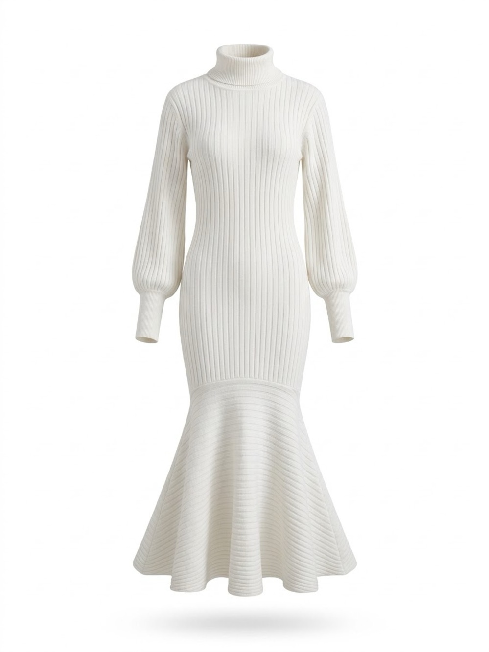 AKIRA Cream Ribbed Turtleneck Mermaid Midi Dress